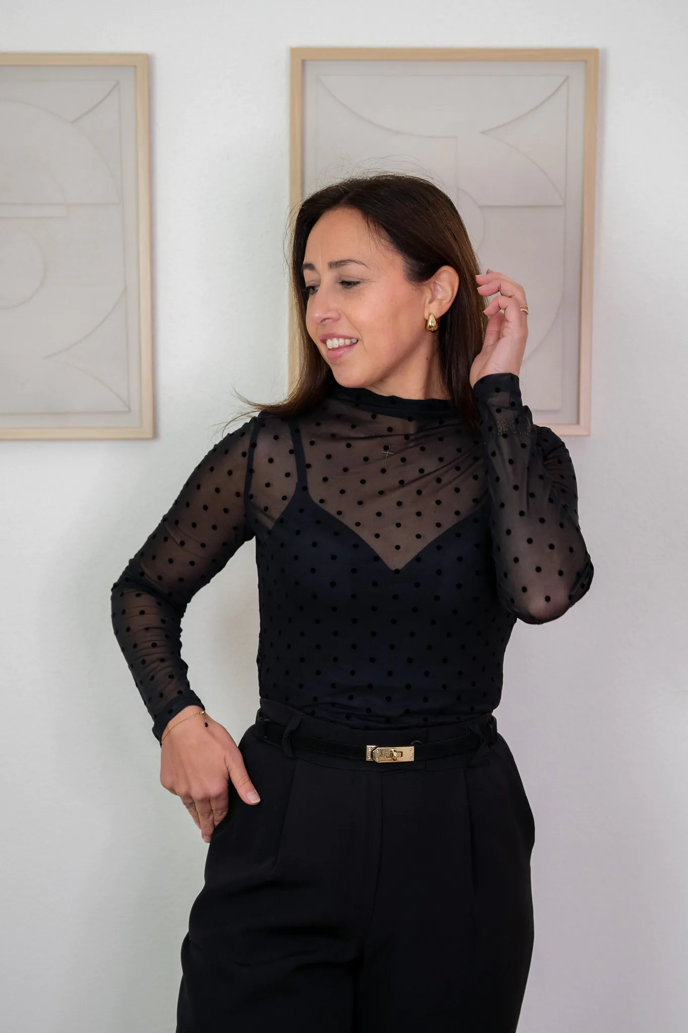 Riva Top Mesh met Bolletjes Zwart